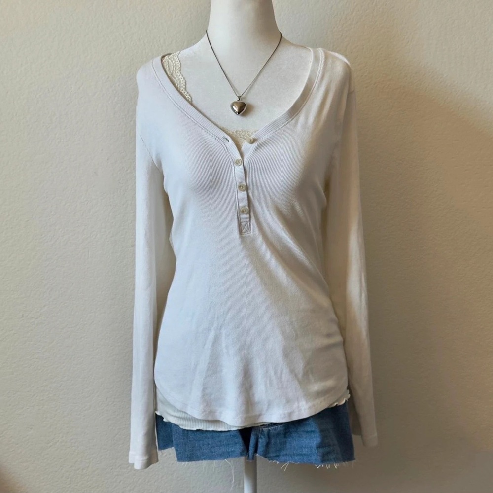 2000s white henley button up long sleeve
